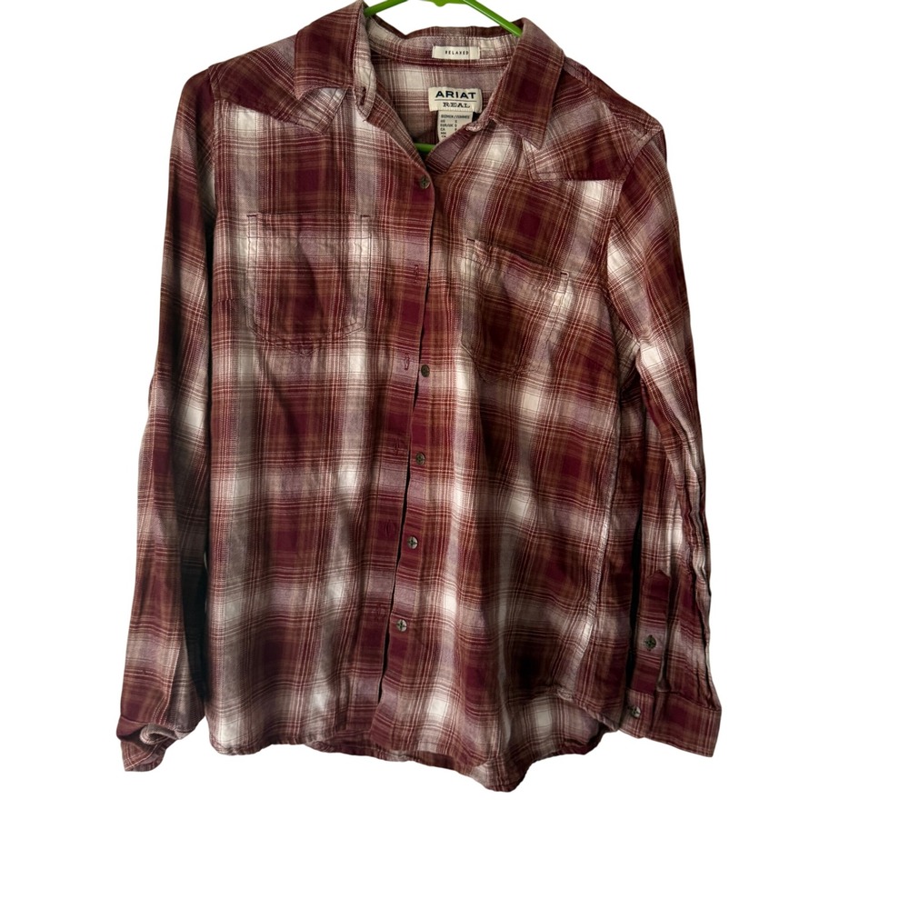 Ariat Real Western Burgundy White Plaid‎ Relaxed Fit Cotton Long Sleeve Shirt S